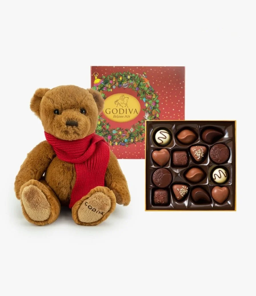 دمية دب صندوق شوكولاتة الكريسماس الذهبي (14 قطعة) من جوديفا 