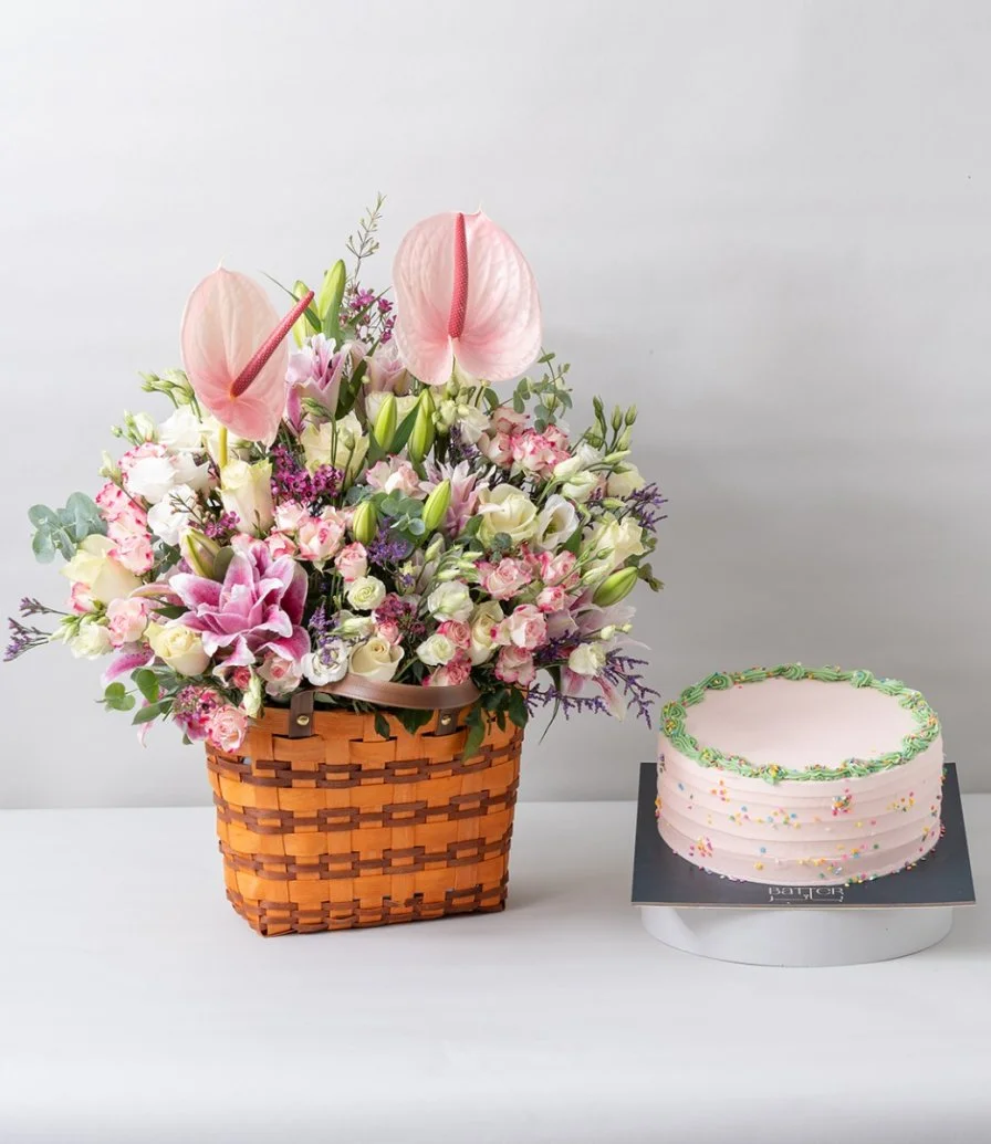 The Garden Flower Basket & Confetti Birthday Cake Bundle