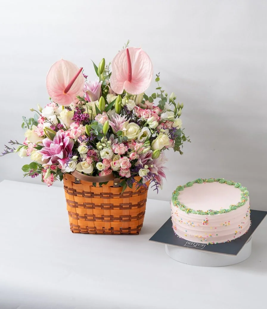 The Garden Flower Basket & Confetti Birthday Cake Bundle