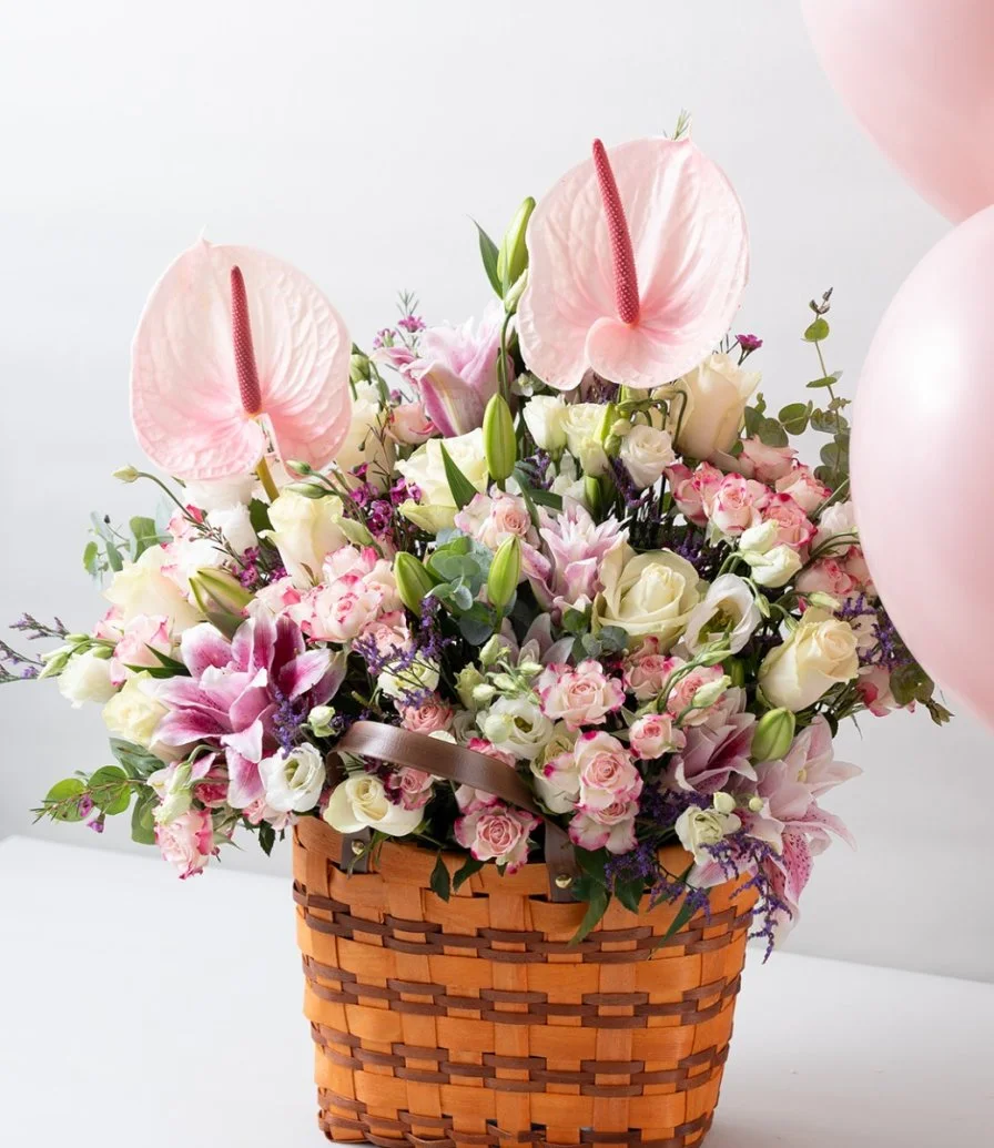 The Garden Flower Basket & Pink Helium Latex Balloons Bundle