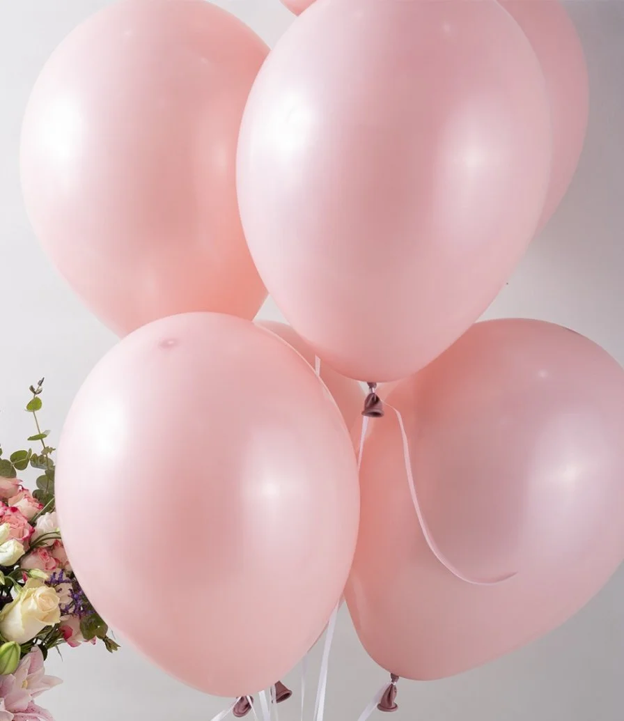 The Garden Flower Basket & Pink Helium Latex Balloons Bundle