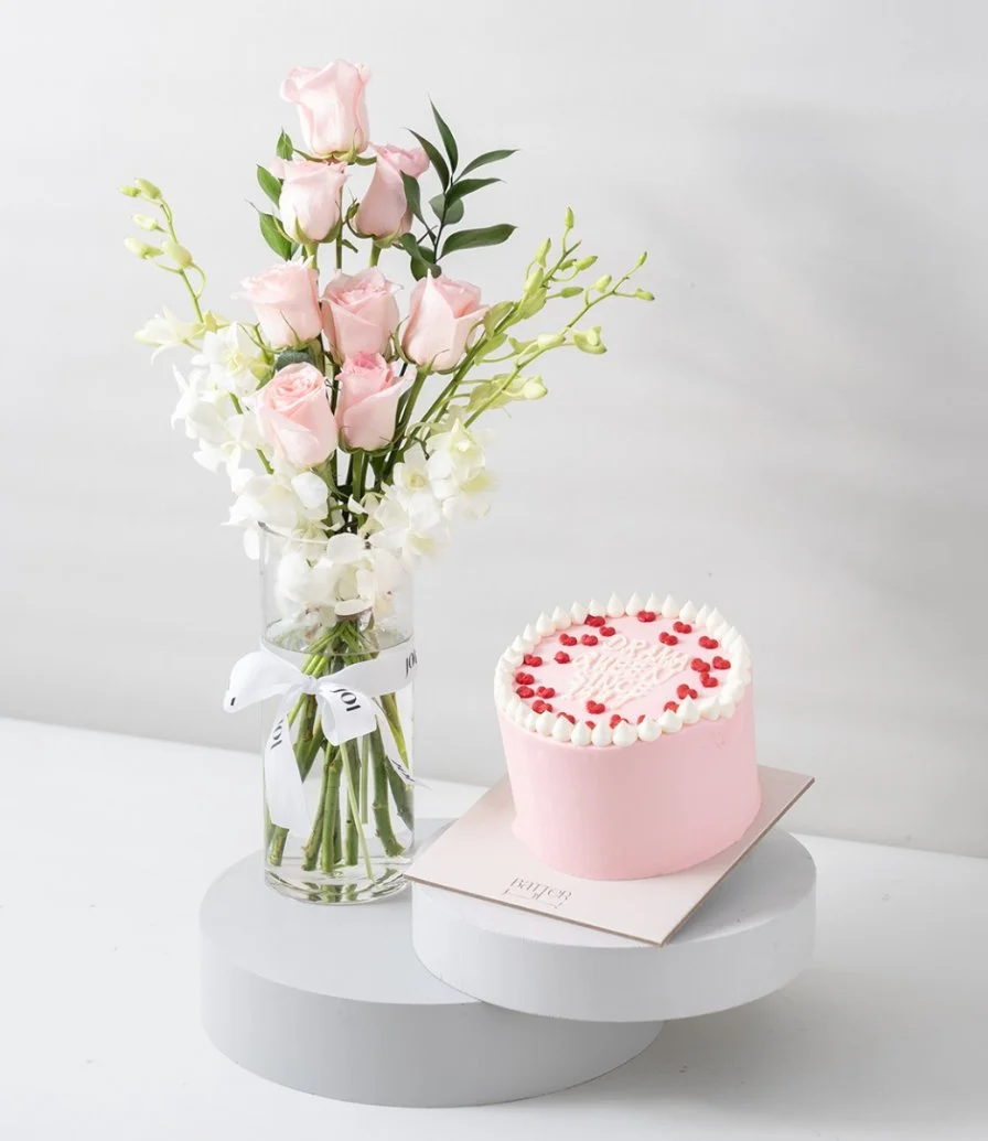 The Pink Elegant Twist Roses Arrangement & Drama Queen Cake Bundle