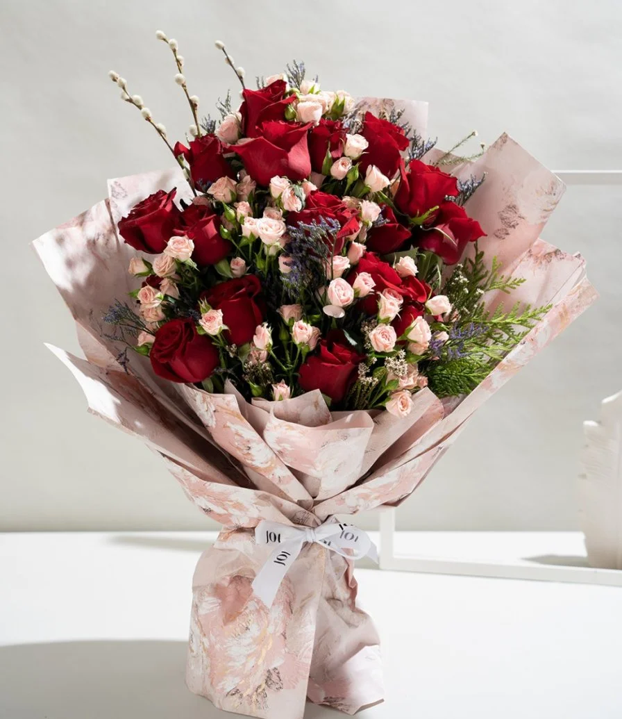 The Pink Wrapped Hand Bouquet & Red Velvet Donut by Bakery & Company Bundle
