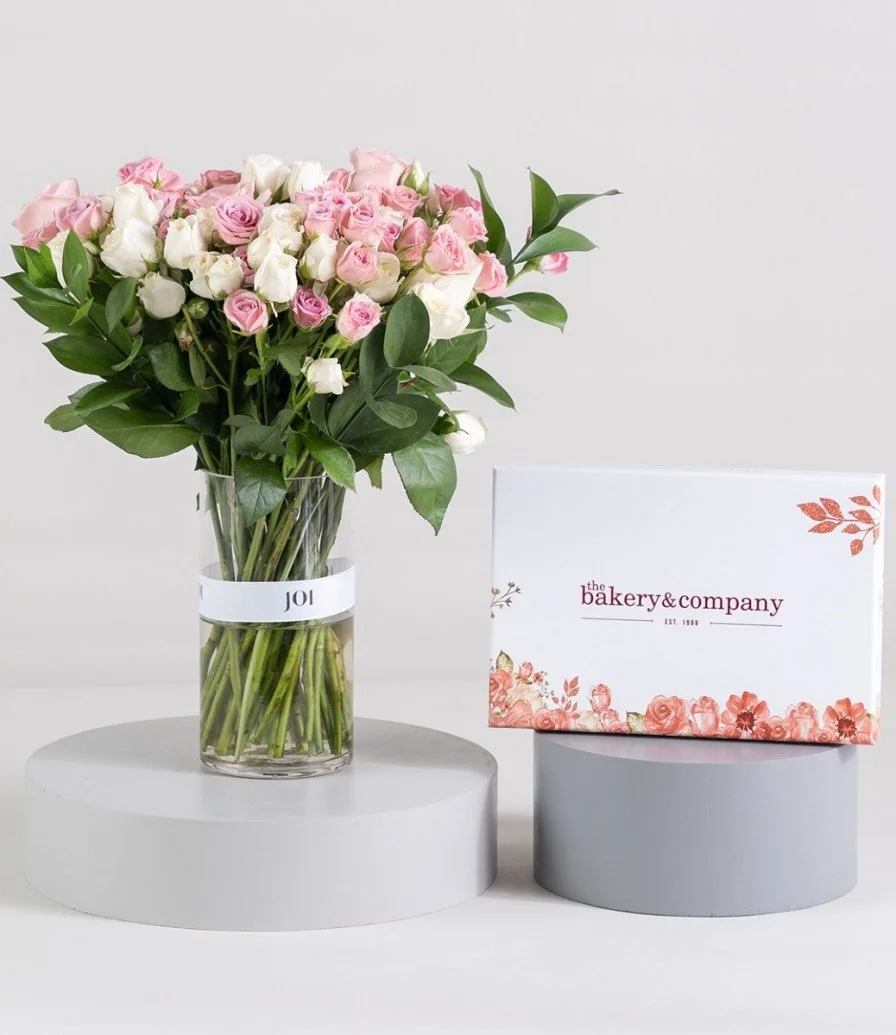 The Sweetheart Roses Arrangement & Premium Nutty Chocolate by Bakery & Company Bundle