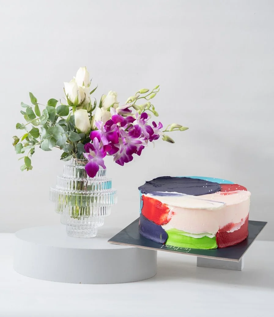 The White Elegant Twist Arrangement & Colors Cake Bundle