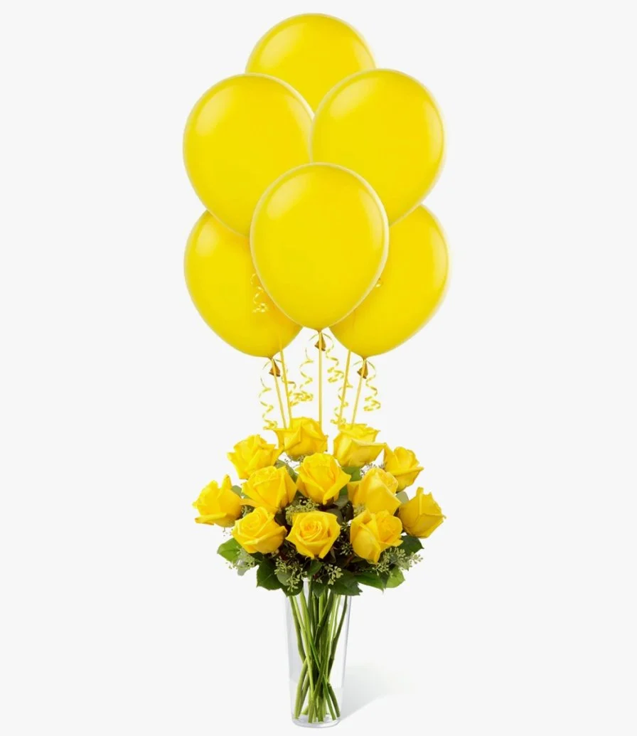 Yellow roses and balloons bundle