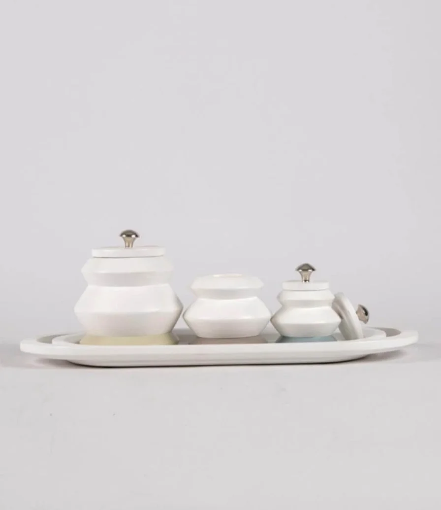 Tray With 3 White Canister Set By Blends