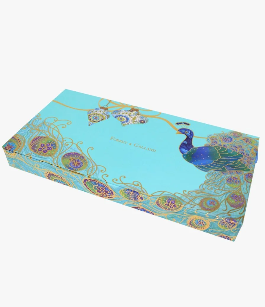 صندوق تمر بتصميم طاووس باللون التوركواز