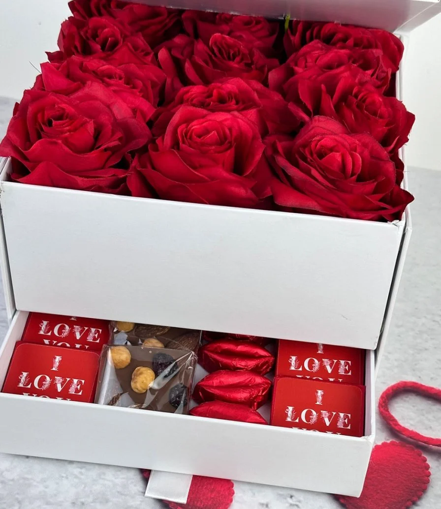 Valentine's Chocolate and Artificial Roses White Box by Eclat  