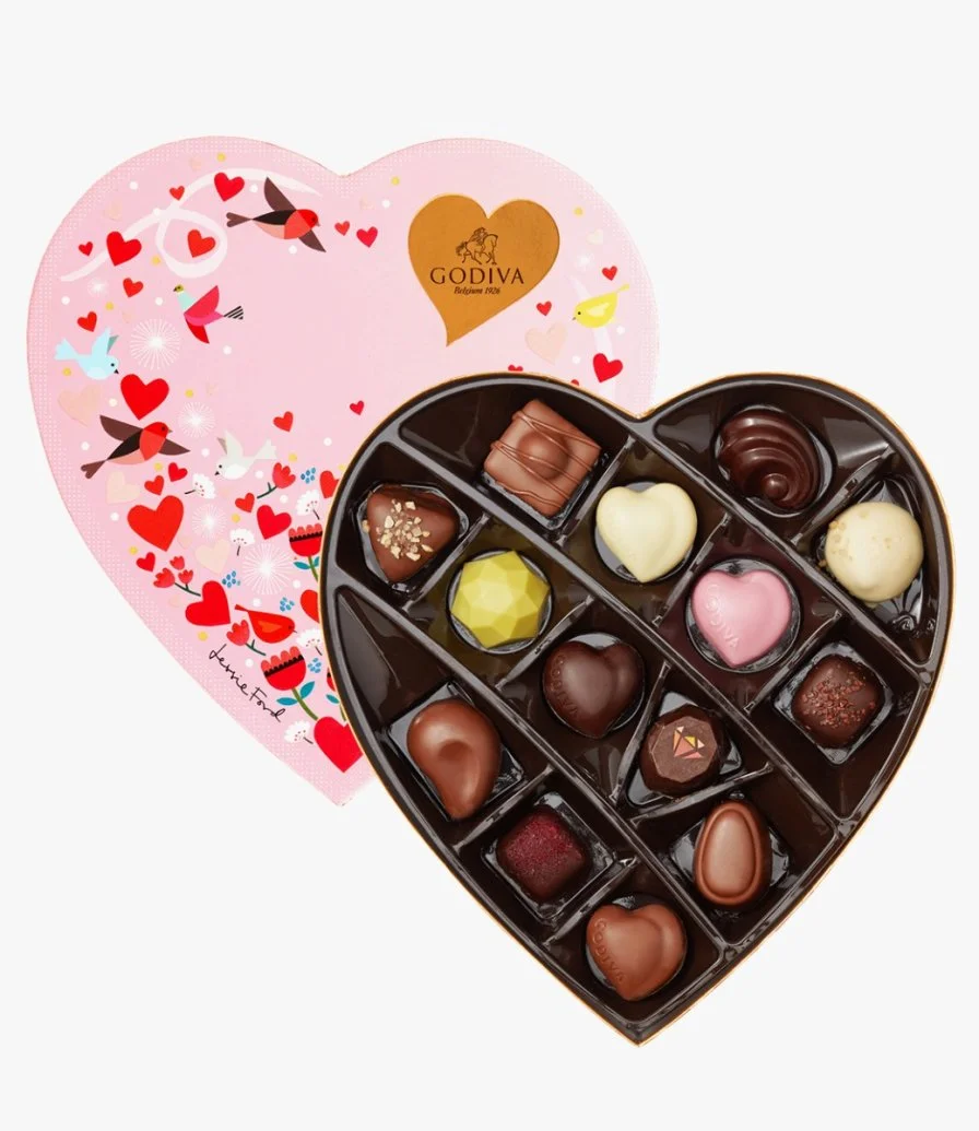 علبة شوكولاتة جوديفا بحلوى البرالين بشكل قلب 