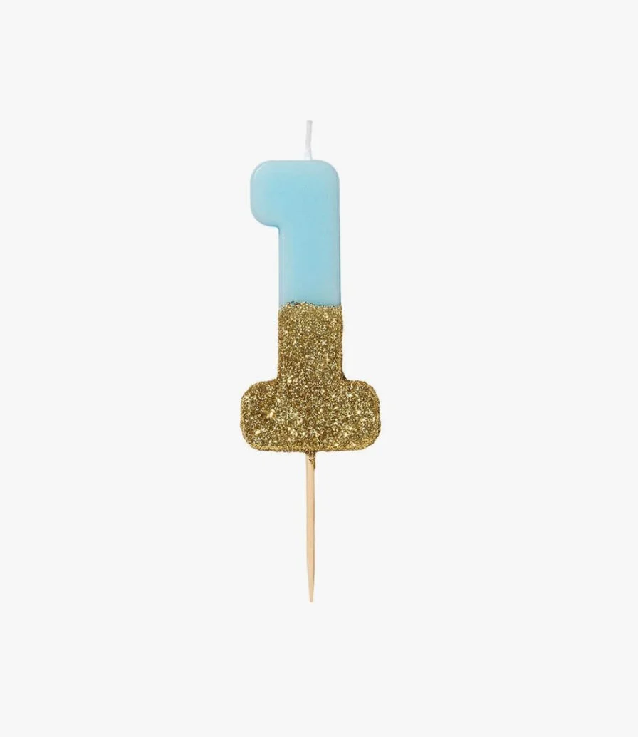 شمعة زرقاء جليتر لعيد ميلاد برقم '1' من توكينج تيبلز