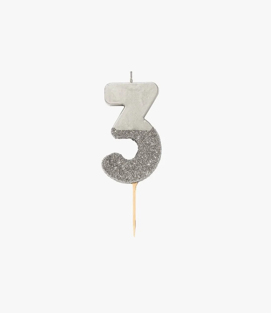 We Heart Birthday Glitter Number Silver Candle '3' by Talking Tables