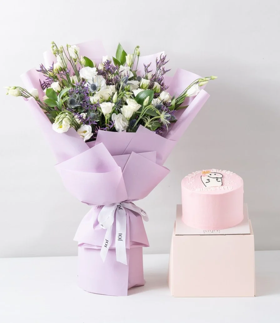 Whispering Meadows Hand Bouquet & Drama Queen Flork Cake Bundle