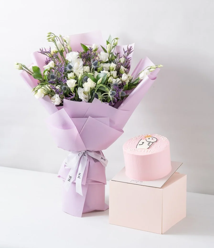 Whispering Meadows Hand Bouquet & Drama Queen Flork Cake Bundle