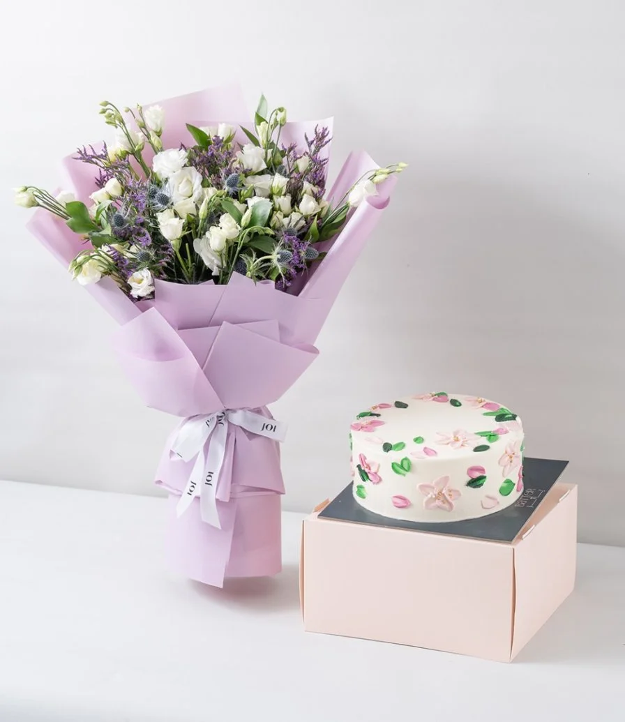 Whispering Meadows Hand Bouquet & Flowers Cake Bundle