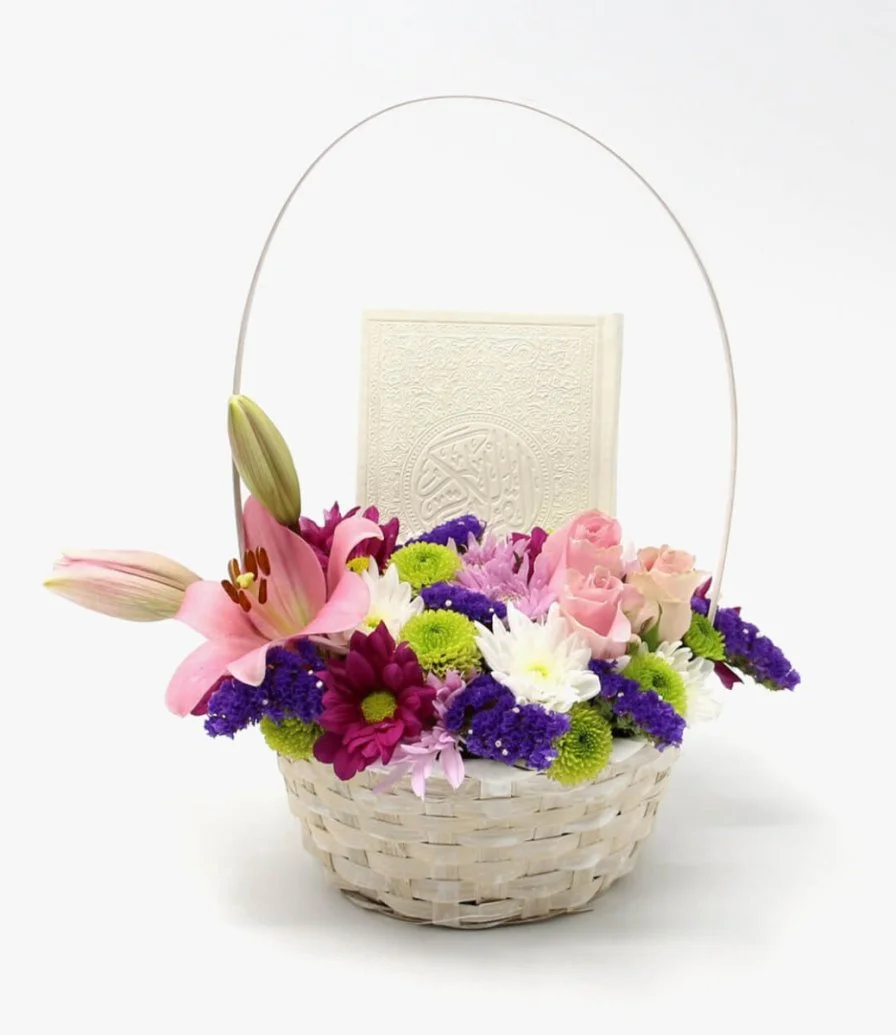Basket of Flowers with Holy Quran (White) 