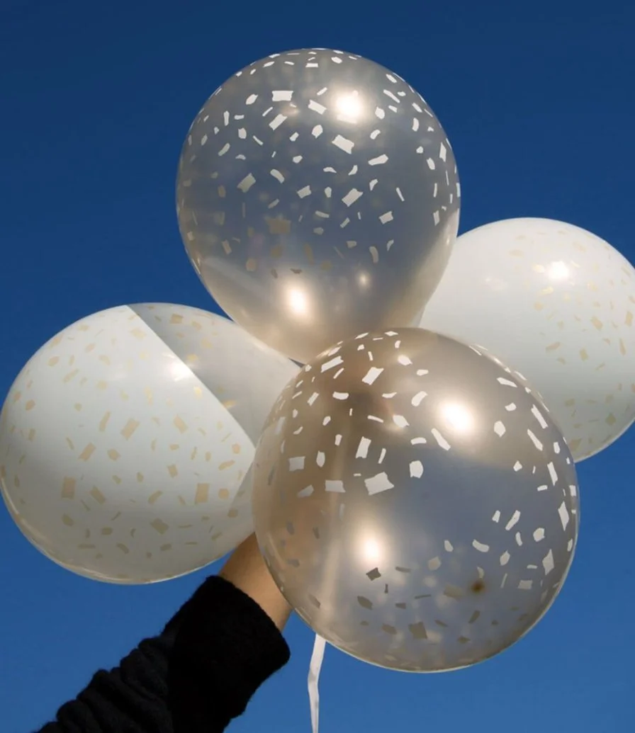 White & Gold Latex Balloons with Confetti Design 5pc Pack by Talking Tables