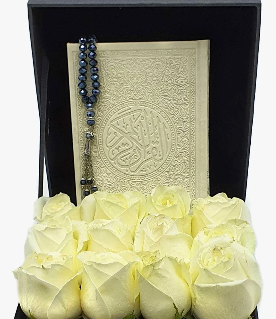A Box Of White Quran Book with Rosary, Roses, & Chocolates