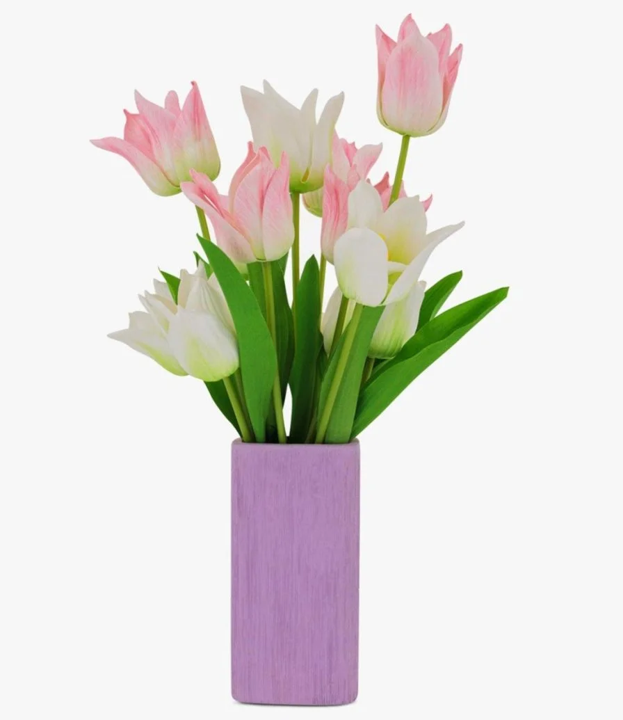 باقة زهور التوليب الصناعية باللون الأبيض والليلكي من صلصال