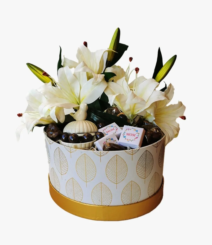 White Lilies' & Chocolate Mothers Day Box By Eclat 