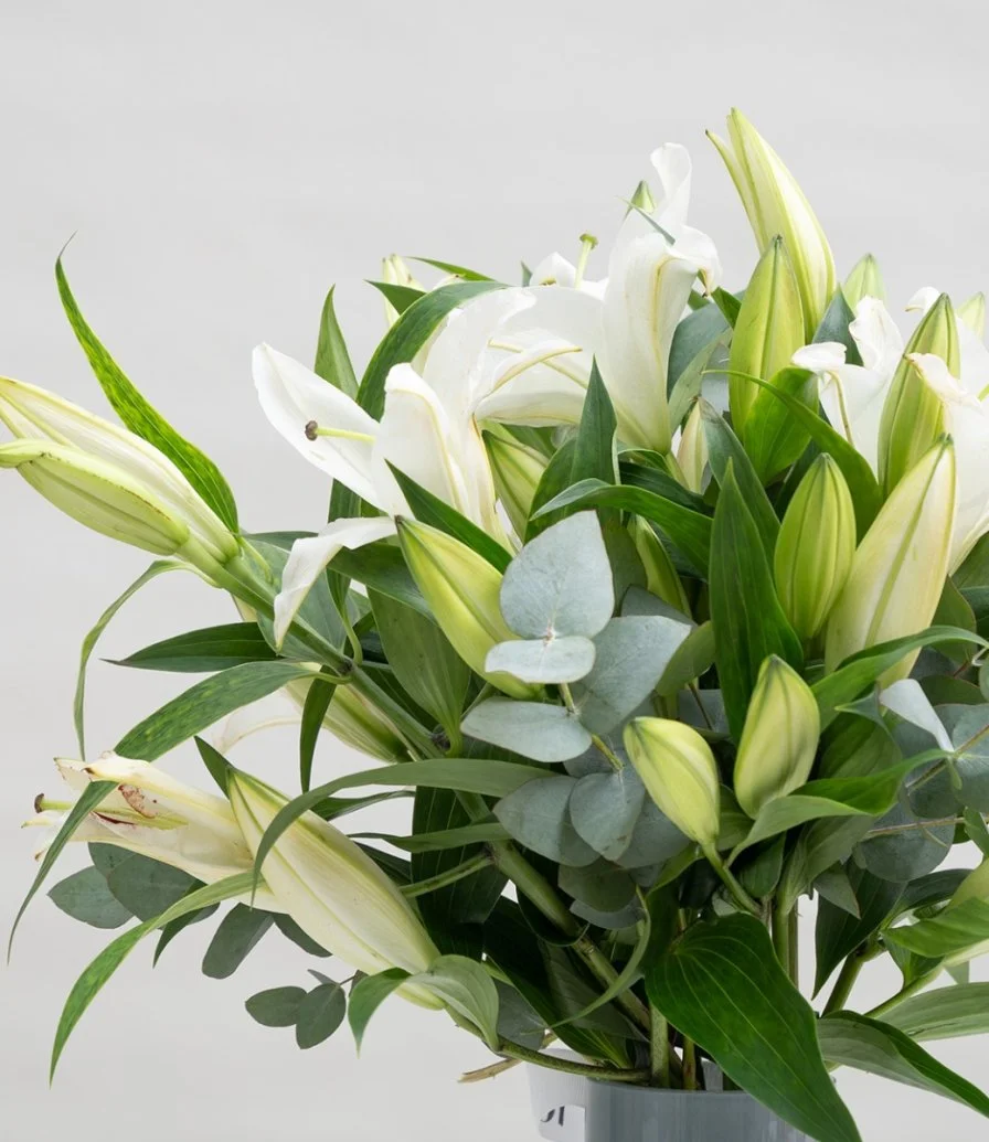 White Lilium in Grey Vase Flower Arrangement