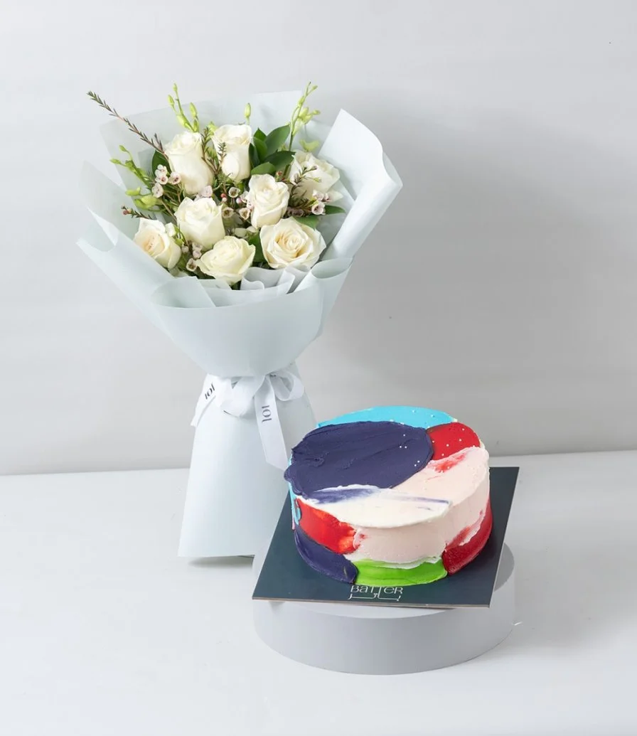 White Orchid Elegance Hand Bouquet & Colors Cake Bundle