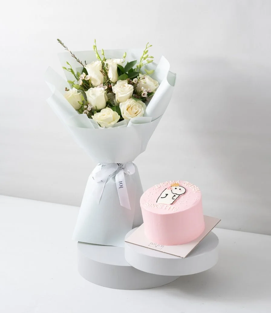 White Orchid Elegance Hand Bouquet & Drama Queen Flork Cake Bundle