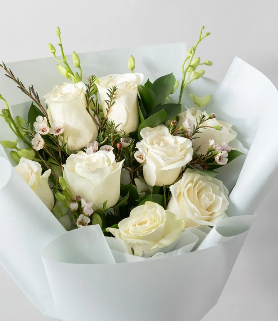 White Orchid Elegance Hand Bouquet & Drama Queen Flork Cake Bundle