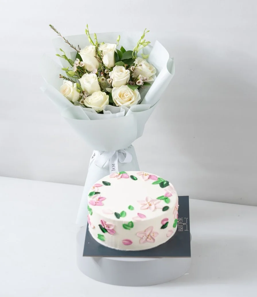 White Orchid Elegance Hand Bouquet & Flowers Cake Bundle