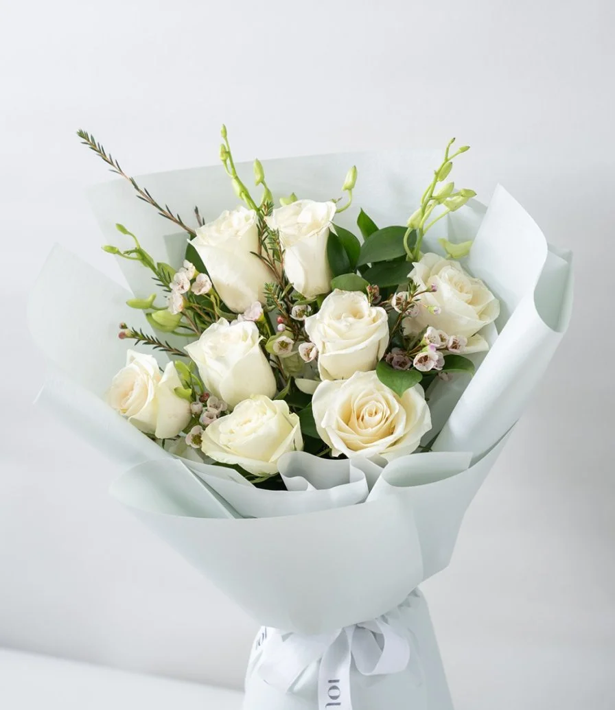 White Orchid Elegance Hand Bouquet & Flowers Cake Bundle