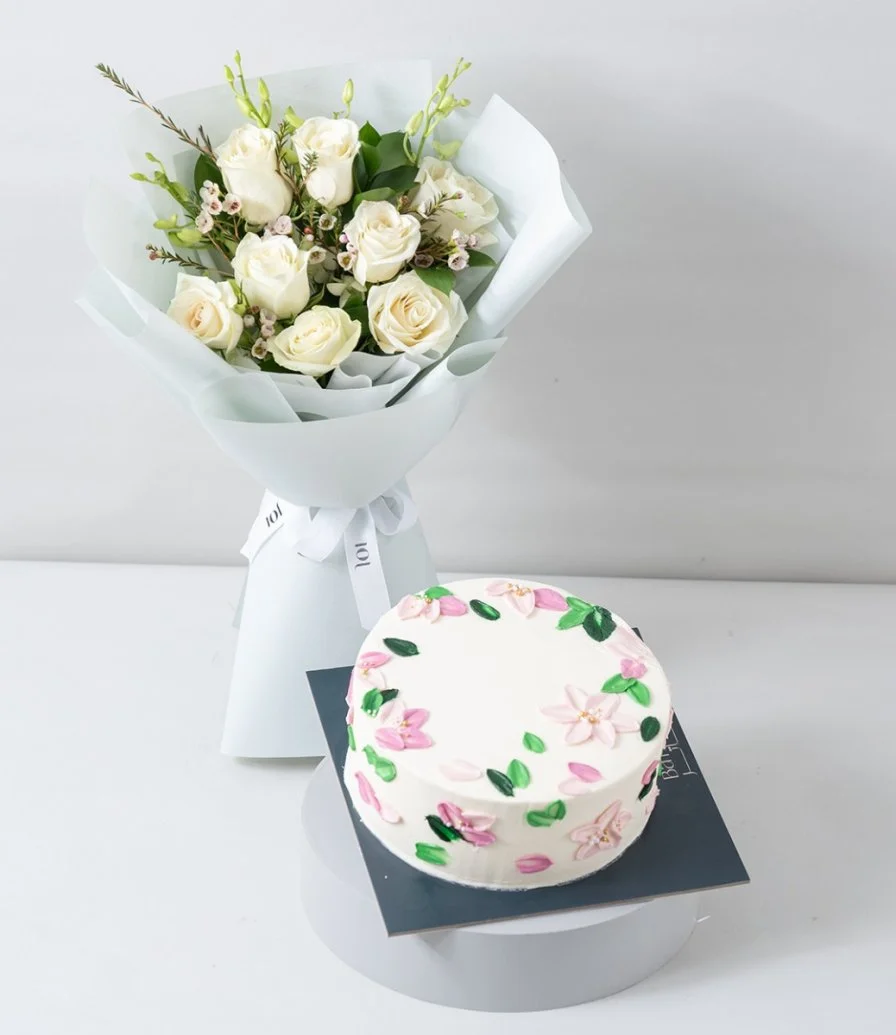 White Orchid Elegance Hand Bouquet & Flowers Cake Bundle