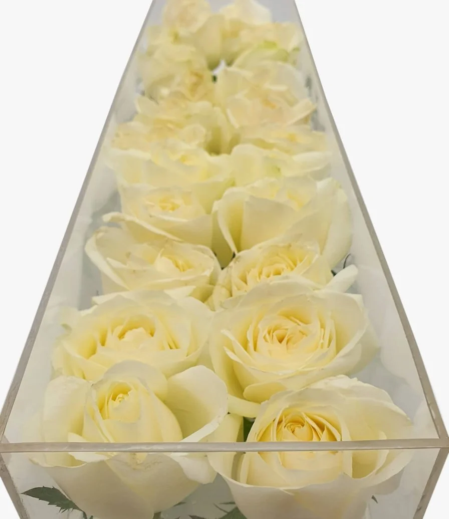 White Roses in A Rectangular Acrylic Box