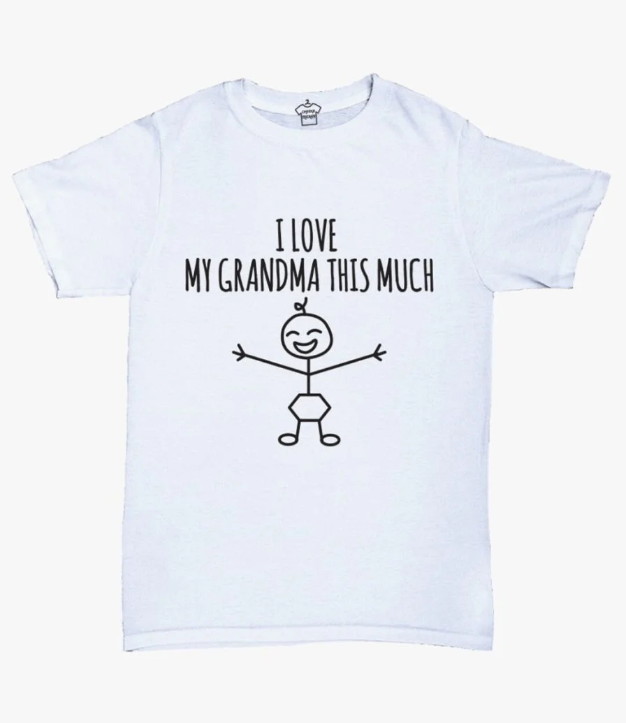 White T-shirt with I Love My Grandma This Much Print by Fay Lawson