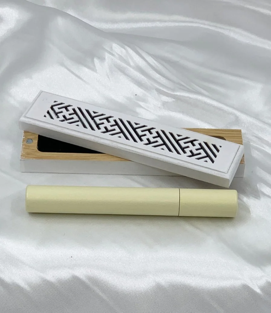 White Wooden Incense Burner with Cambodian Oud Sticks Gift Box by Chocolatier