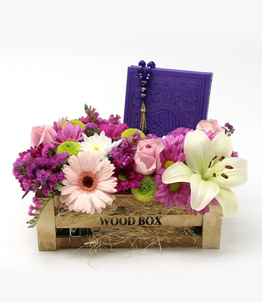 Wood Box with Flowers and Holy Quran and Rosary (Purple)