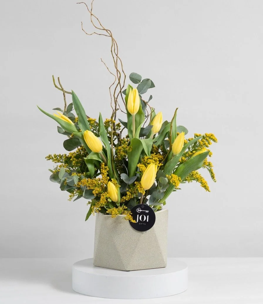 Yellow Solidago and Tulip Flower Arrangement