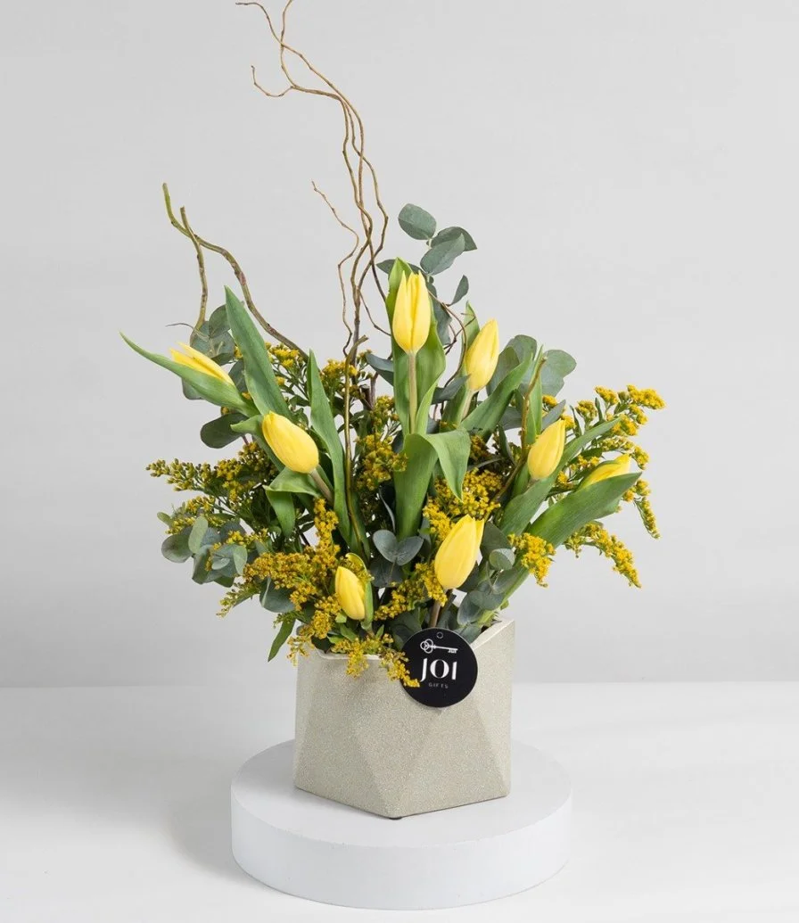 Yellow Solidago and Tulip Flower Arrangement