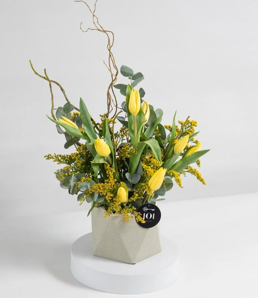 Yellow Solidago and Tulip Flower Arrangement