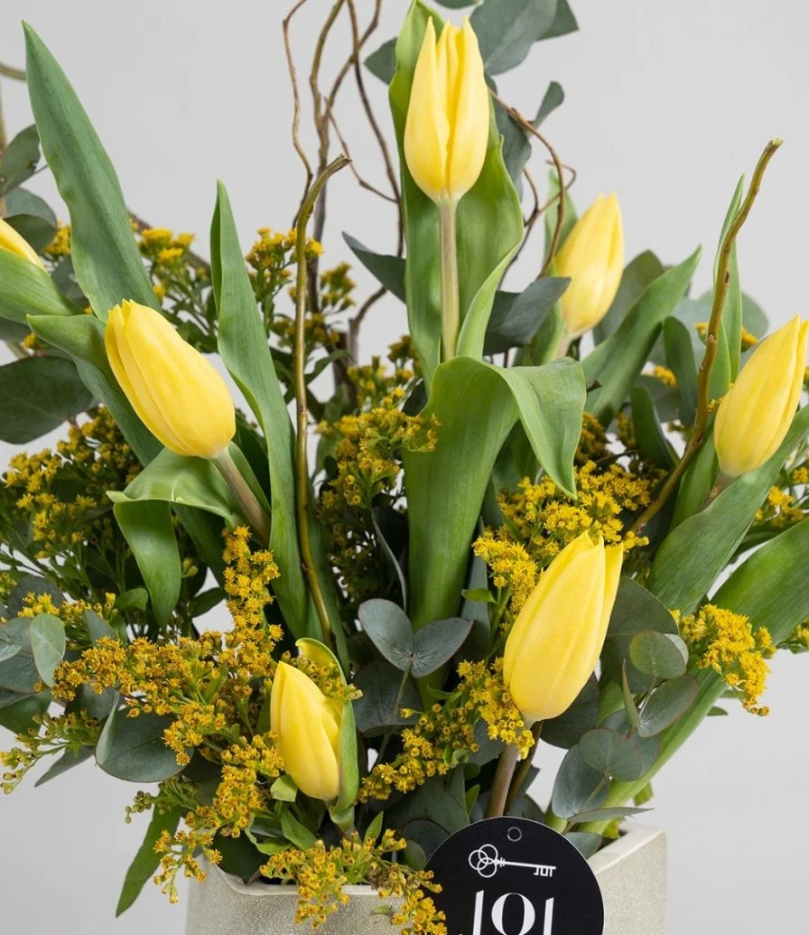 Yellow Solidago and Tulip Flower Arrangement