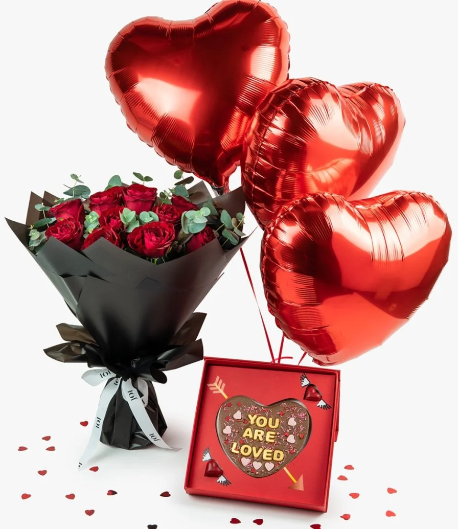 You Are Loved Rose Bouquet, Chocolate & Balloon Bundle