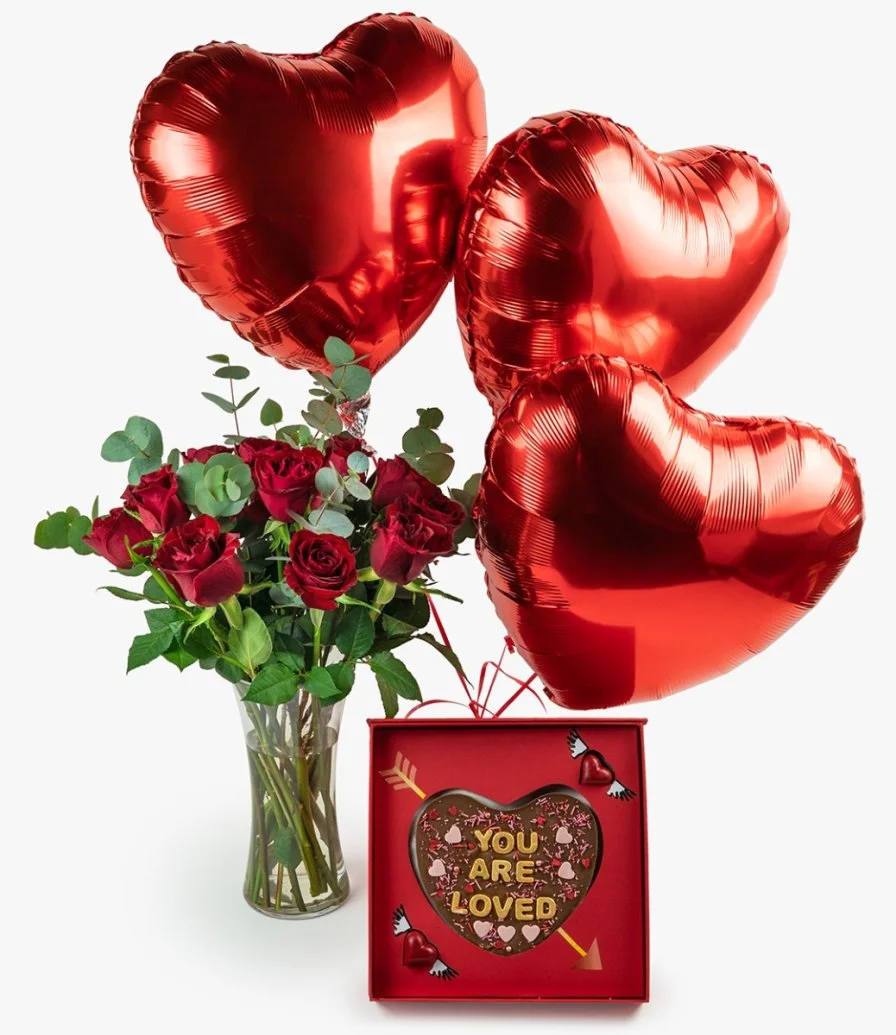 You Are Loved Roses, Balloons, & Hearts Chocolate Bundle