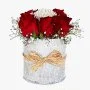 Red Roses Around Whites Flower in a Round Wrapped Vase